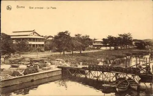 Ak Boma Congo Belge DR Kongo Zaire, Quai principal La Poste, Wasserwege, Boote, Gebäude