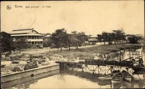 Ak Boma Congo Belge DR Kongo Zaire,  Quai principal, Gebäude, Bootsanleger, Fluss