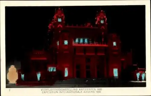 Ak Anvers Antwerpen Flandern, Weltausstellung 1930, beleuchtetes Gebäude