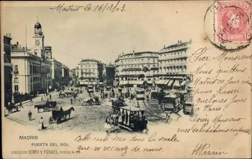 Ak Madrid Spanien, Puerta del Sol, historische Gebäude, Straßenverkehr, Postkarte, schwarz-weiß