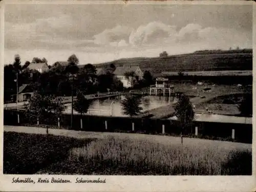Ak Goldbach Bischofswerda im Kreis Bautzen, Schwimmbad, ländliche Umgebung, Häuser, Bäume, Wolken
