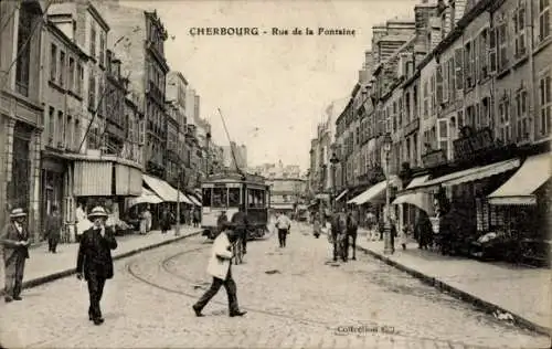 Ak Cherbourg en Cotentin Manche, Straße mit Straßenbahn,  Gebäude, Personen