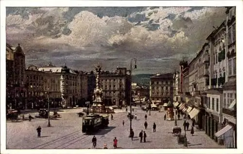 Künstler Ak Linz an der Donau Oberösterreich, Kaiser Franz Josef Platz, Straßenbahn