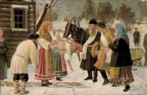 Künstler Ak Ansichten und Typen aus Russland, Dorfbevölkerung in Tracht, Winter, Pferdeschlitten