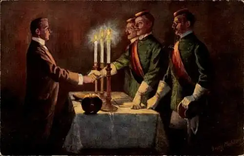 Studentika Künstler Ak Mühlberg, Georg, Rezeption im Korps, Burschenschaft, Studenten