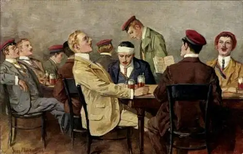 Studentika Künstler Ak Mühlberg, G., Studenten ein Verbindung sitzen zu Tisch und trinken Bier