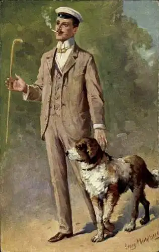 Studentika Künstler Ak Mühlberg, Georg, Ein flotter Bursche, rauchender Student, Hund