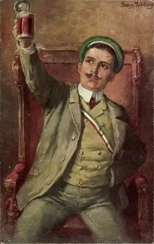 Studentika Künstler Ak Mühlberg, Georg, Ein Prosit, Student mit Bierkrug