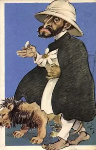 Künstler Ak Karikatur, Mann mit Blume, Löwe