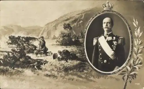 Ak König Georg I. von Griechenland, Porträt, Schlachtfeld