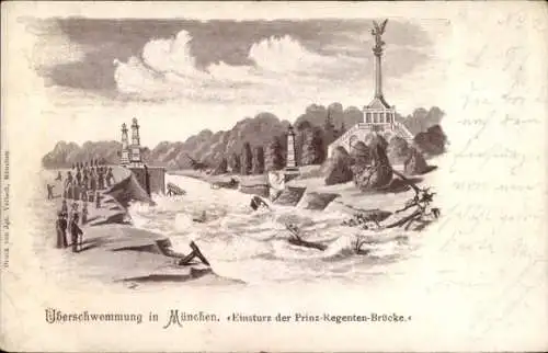 Litho München Bayern, Überschwemmung, Hochwasser, Einsturz der Prinzregenten-Brücke