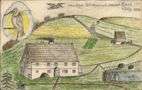 Handgemalt Ak Glückwunsch, Geburt, Dorfpartie