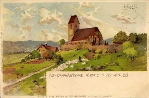 Künstler Litho Reiss, Fritz, Plochingen im Kreis Esslingen, Altschwäbische Kirche, Schäfer