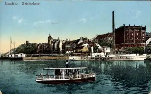 Ak Grudziądz Graudenz Westpreußen, Weichselseite, kleiner Dampfer