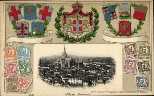 Präge Wappen Briefmarken Passepartout Ak Milano Mailand Lombardia, Panorama