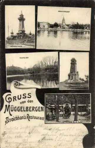 Ak Berlin Köpenick, Müggelberge, Streichhan's-Restaurant, Bismarckwarte, Müggelturm, Marienlust