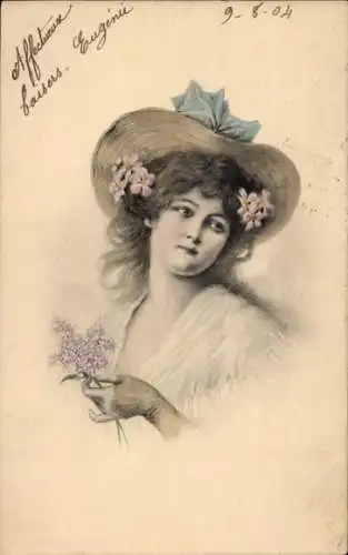 Ak Porträt einer jungen Frau, Hut, Blumen