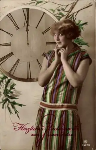 Ak Glückwunsch Neujahr, Uhr, Frau, Portrait