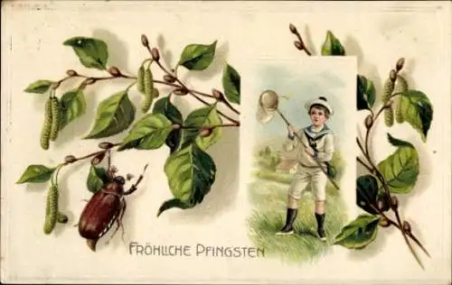 Ak Glückwunsch Pfingsten, Maikäfer am Blatt, Weidenkätzchen, Junge beim Insektenfangen