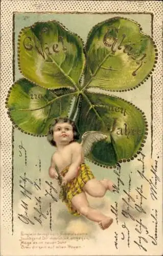 Litho Glückliches Neujahr, Kleeblatt, Engel