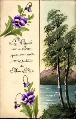 Künstler Ak Birken am Flussufer, Blumen