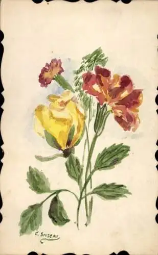 Künstler Ak Gelbe Rose, Nelken