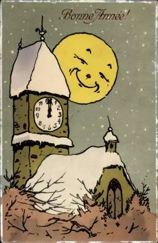 Ak Glückwunsch Neujahr, Uhrturm, Mond