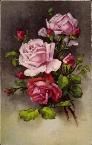 Künstler Ak Rote Rosen, Strauß