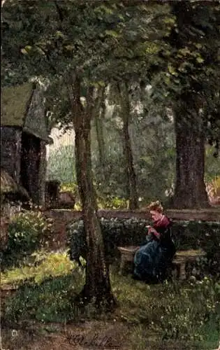 Künstler Ak English Cottage Homes, Frau im Garten