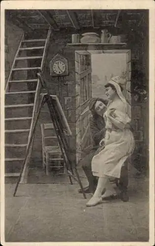 Ak Maleratelier, Maler mit Modell, Erotik