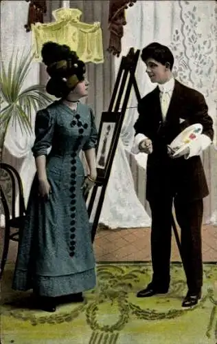 Ak Maler mit Farbpalette, Junge Frau in blauem Kleid, Porträt