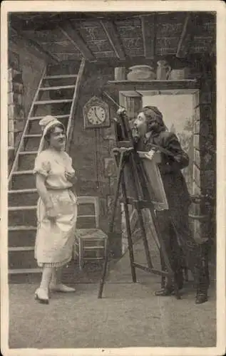 Ak Maleratelier, Maler mit Modell