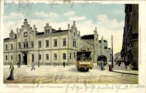 Ak Chemnitz in Sachsen, Hauptpost mit Poststraße, Straßenbahn