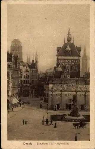 Ak Gdańsk Danzig,  Stockturm und Hauptwache, historische Architektur, Stadtansicht