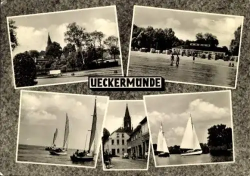 Ak Ueckermünde in Vorpommern,  Stadtansichten, Segelboote, Strand, Kirchturm