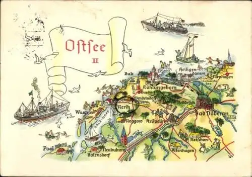Landkarten Ak Rerik, Ostsee, Buk, Wustrow, Poel, Kühlungsborn, Bad Doberan