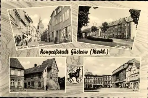 Ak Güstrow in Mecklenburg, Straße der Nationalen Einheit, Armenünderturm, Neukruger Straße, Markt