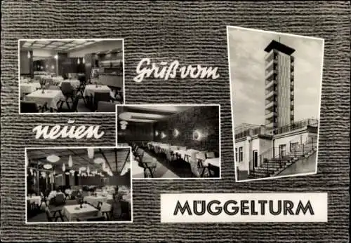 Ak Berlin Köpenick, Müggelturm, Vorderseite mit Restaurant, Muggelturm, 4 Bildern, Gruss vom n...