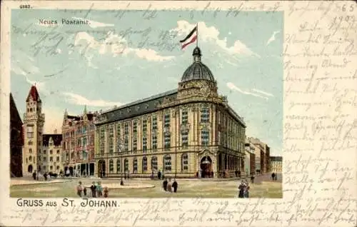 Ak St. Johann Saarbrücken im Saarland, Neues Postamt, Gebäude mit Kuppel und Flagge, Personen ...