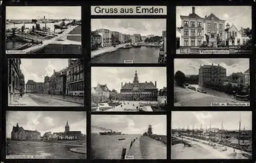 Ak Emden in Ostfriesland, Delft, Außenhafen, Rathaus, Mole, Kirche, Töchterschule