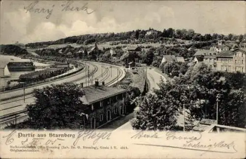 Ak Starnberg in Oberbayern, Partie aus  fotografische Aufnahme, Bahngleise, Gebäude, Landschaft