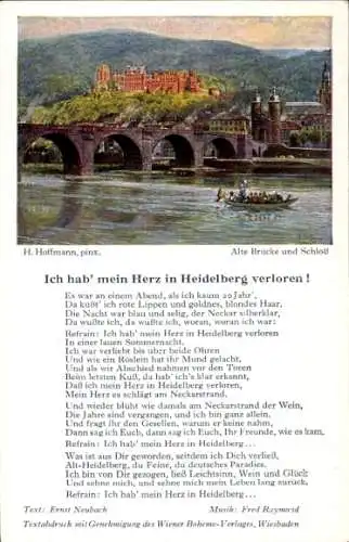 Ak Heidelberg am Neckar, Alte Brücke und Schloss, Liedtext über verlorene Liebe, Neckar, Abend...