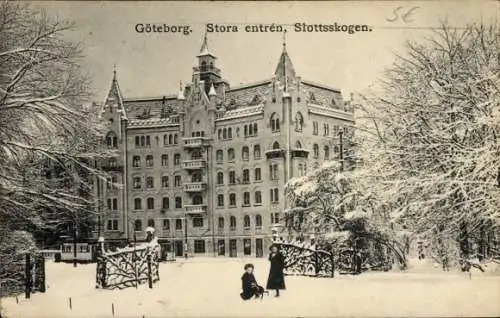 Ak Göteborg Schweden, Stora Entrée, Slottsskogen, winterliche Szene, historisches Gebäude, sch...