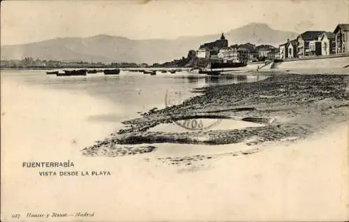 Ak Hondarribia Fuenterrabia Baskenland,  Strandansicht, Wasser, Boote, Gebäude, Hügel