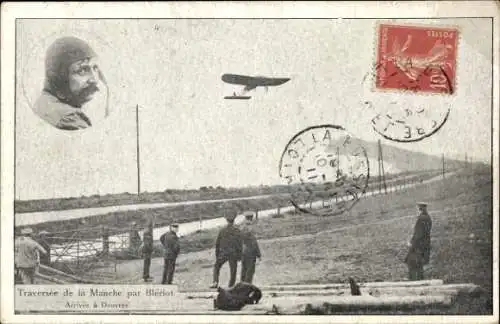 Ak Douvres Dover, Traversee de la Manche par Bleriot, Arrivee, Pilot, Flugzeug
