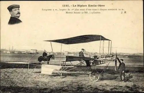Ak Le Biplan Emile Obre, Flugzeug, Luftfahrtpioniere, Reiter