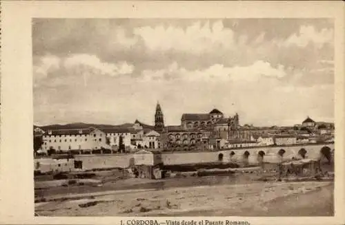 Ak Córdoba Argentinien, Panoramablick, römische Brücke, Altstadtarchitektur