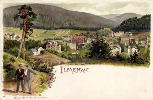 Litho Ilmenau in Thüringen, Ortsansicht, Spaziergänger