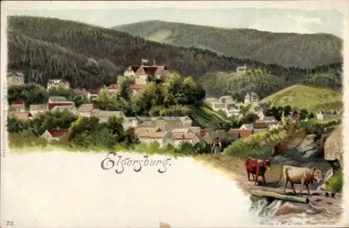 Ak Elgersburg in Thüringen, Städtische Landschaft mit Berghang, Häusern, Kühen