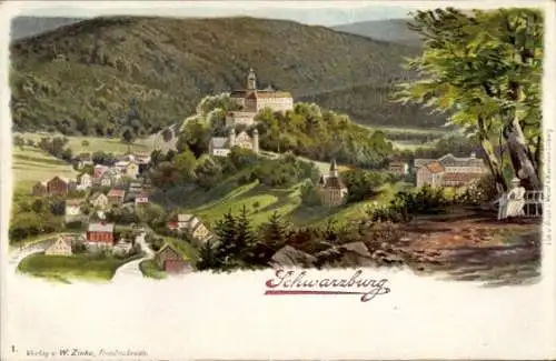 Ak Schwarzburg in Thüringen, Blick auf  Landschaft, malerisches Dorf, Burg auf dem Hügel
